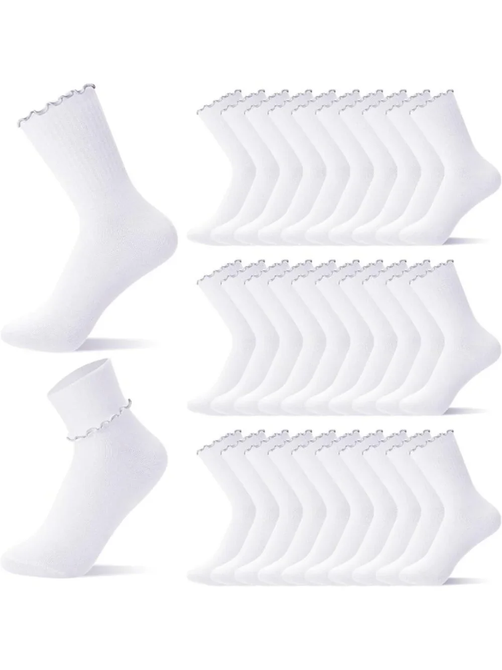 Ruffle Ankle Crew Socks for Women - Breathable Frilly White Bulk Pack